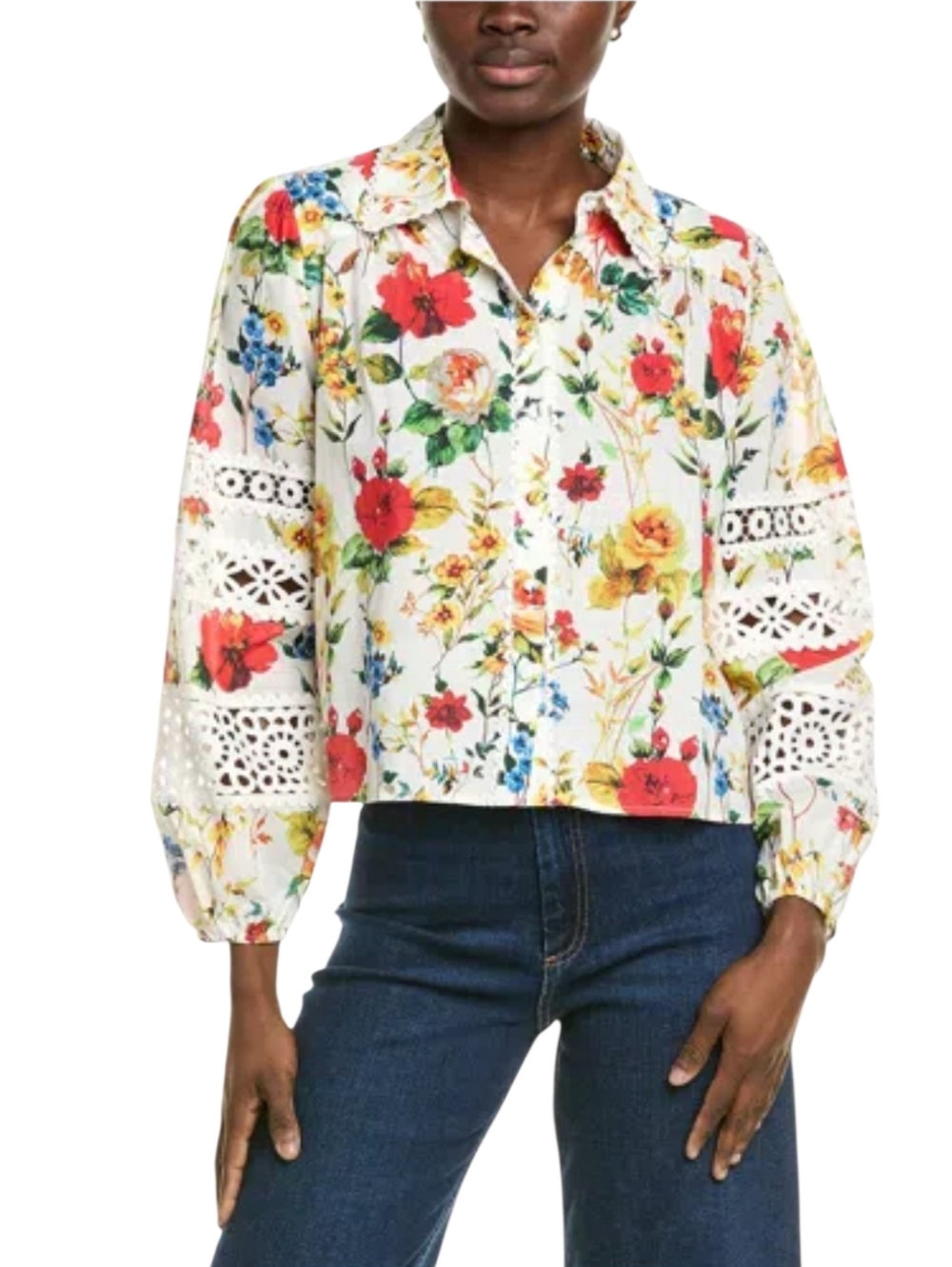 Industry Floral Lace-Trim Balloon Sleeves Button-Down Blouse Size M
